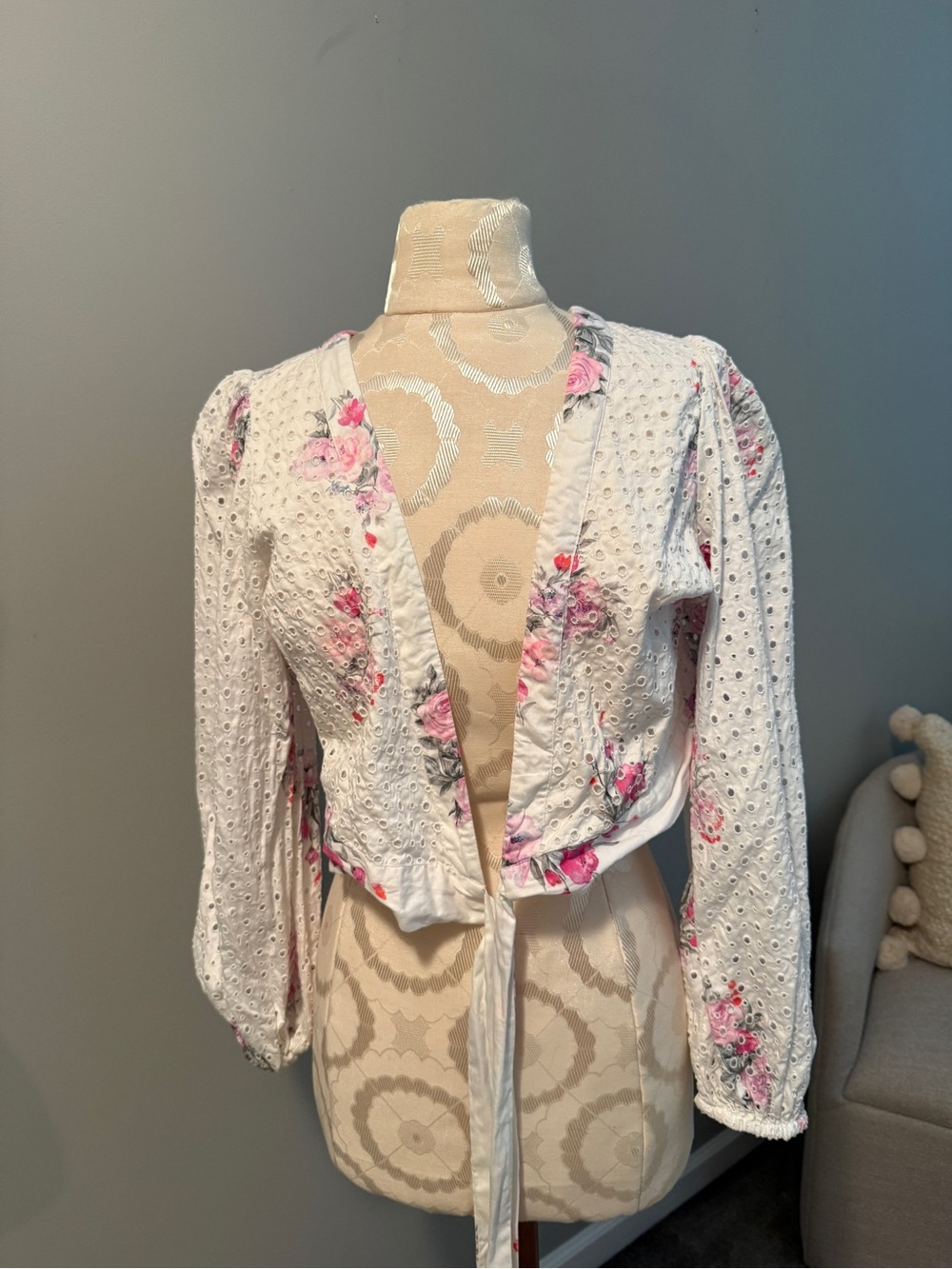 LoveShackFancy White Eyelet Wrap Top with Pink Floral Print - Picture 5 of 6